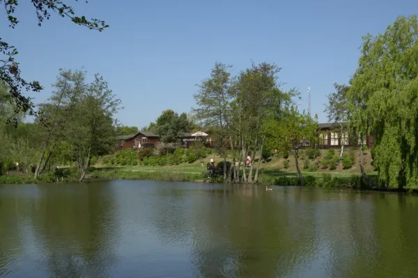 A peaceful lakeside scene with trees, houses, and a person fishing by the water on a sunny day.