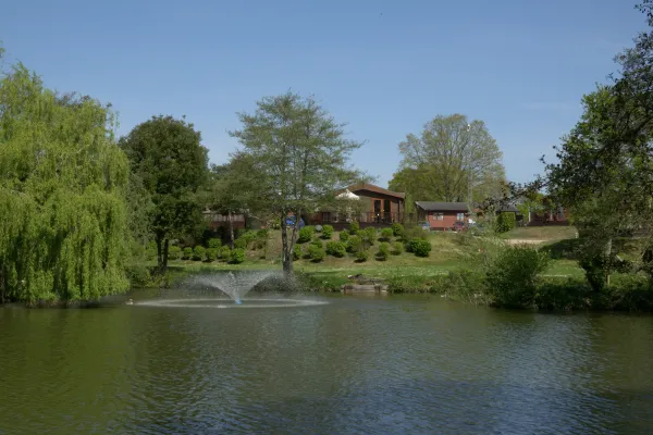 A peaceful lakeside scene with trees, a fountain in the water, and houses on a hill in the background under a clear blue sky.