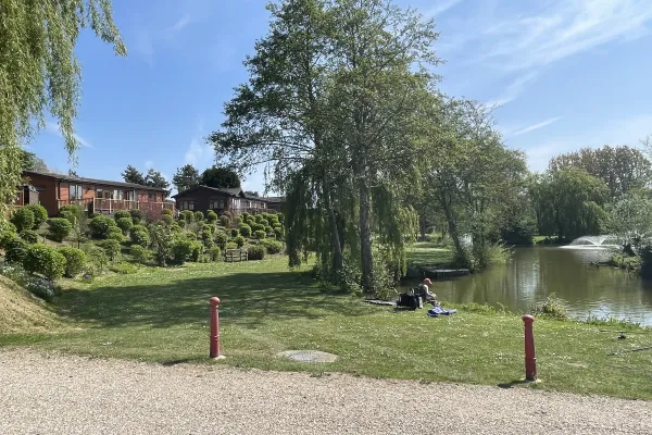 A person fishing by a river on a bright, sunny day with trees, houses, and a fountain in the background.
